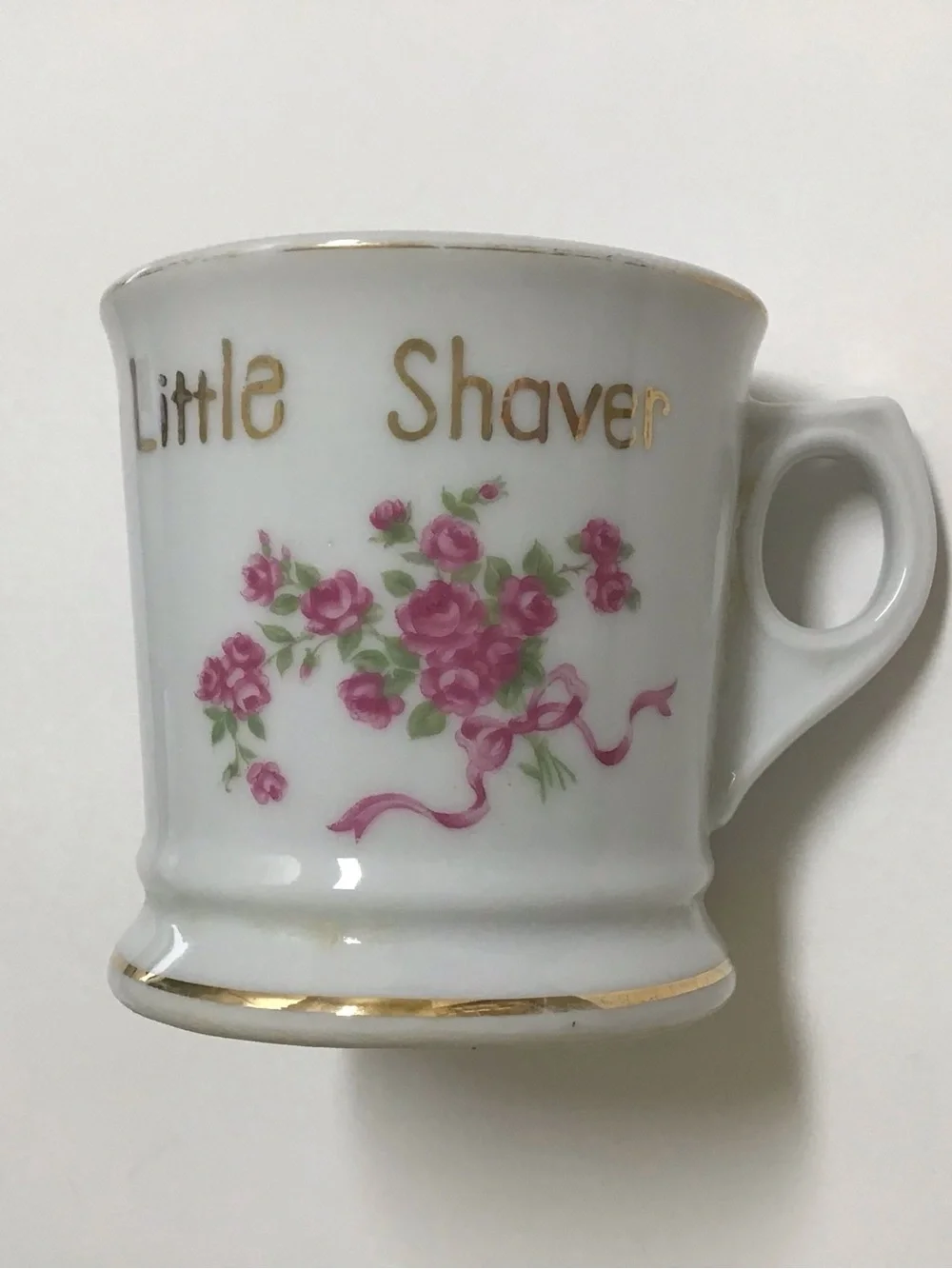 Vintage Shaving Mug FOR A LITTLE SHAVER Girl’s White Pink Roses Bouquet Ribbons